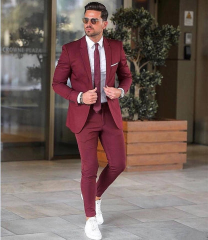 Image of Elegant Custom Burgundy Men Suit Blazers For Party Prom 2 Pieces Jacket + Pants Groom Wedding Suits Notched Lapel Mens Tuxedos