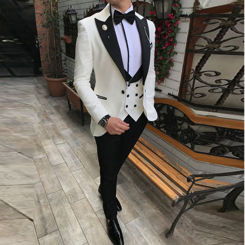 Image of Men Suits 3 Pieces Slim Fit Business Suits Groom Champagne Noble Grey White Tuxedos for Formal Wedding suit (Blazer+Pants+Vest)