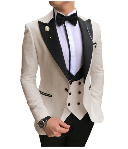 Image of Men Suits 3 Pieces Slim Fit Business Suits Groom Champagne Noble Grey White Tuxedos for Formal Wedding suit (Blazer+Pants+Vest)