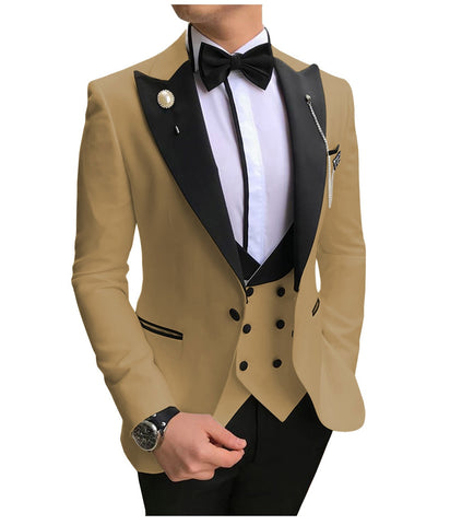 Image of Men Suits 3 Pieces Slim Fit Business Suits Groom Champagne Noble Grey White Tuxedos for Formal Wedding suit (Blazer+Pants+Vest)