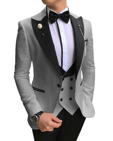 Image of Men Suits 3 Pieces Slim Fit Business Suits Groom Champagne Noble Grey White Tuxedos for Formal Wedding suit (Blazer+Pants+Vest)