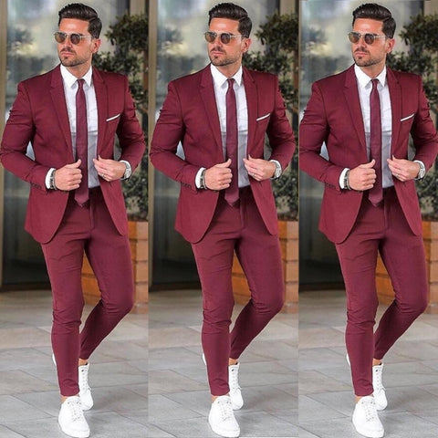 Image of Elegant Custom Burgundy Men Suit Blazers For Party Prom 2 Pieces Jacket + Pants Groom Wedding Suits Notched Lapel Mens Tuxedos