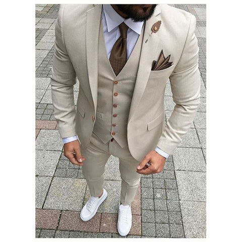 Image of Beige Mens Suits Three Piece Jacket Pants Vest Custom Slim Fit Male Blazer Wedding  Groom Tuxedos men suit