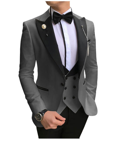 Image of Men Suits 3 Pieces Slim Fit Business Suits Groom Champagne Noble Grey White Tuxedos for Formal Wedding suit (Blazer+Pants+Vest)