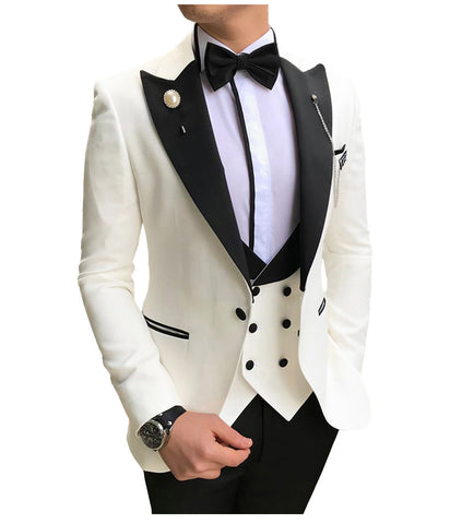 Image of Men Suits 3 Pieces Slim Fit Business Suits Groom Champagne Noble Grey White Tuxedos for Formal Wedding suit (Blazer+Pants+Vest)