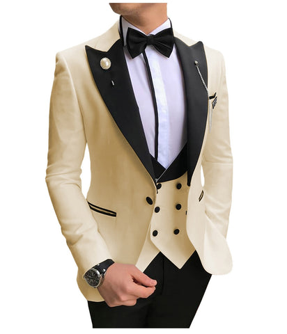 Image of Men Suits 3 Pieces Slim Fit Business Suits Groom Champagne Noble Grey White Tuxedos for Formal Wedding suit (Blazer+Pants+Vest)