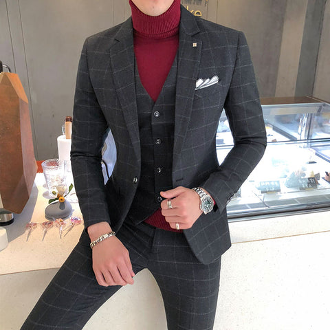 Image of 3 Pieces Suits Jackets+Pants+Vest Wedding Dress Suits For Men Blue Plaid Formal wear Suits New Men Slim Groom Suits Size XS-5XL